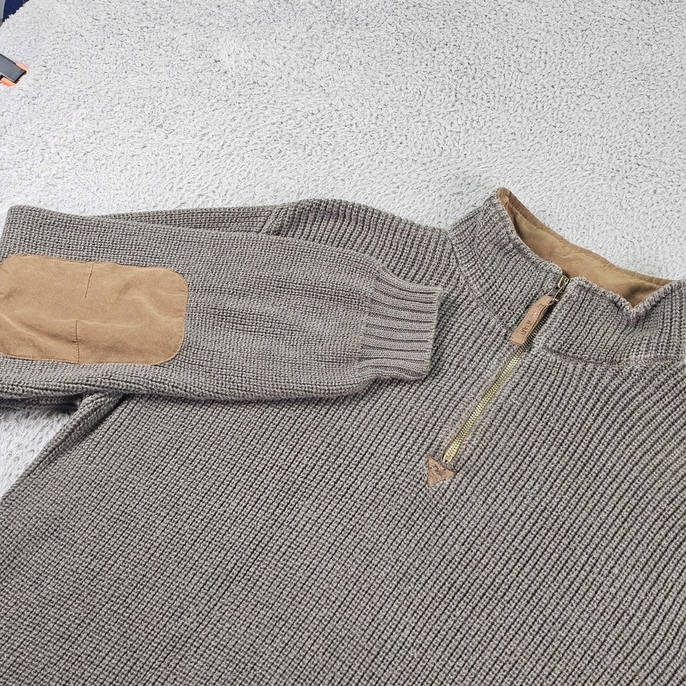 Legendary Whitetails Sweater Mens Large Gray Knit‎ 1/4 Zip Suede Elbow Patches